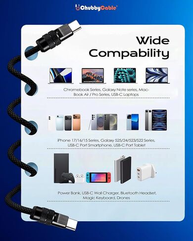 chubbycable Lite USB C to USB C Cable 240W Super Fast Charger Type C 10FT Cord Braided Nylon Charging Durable Data Transfer Cable for iPhone 17-15 Series/MacBook Pro/Air/iPad, Black in Saudi Arabia