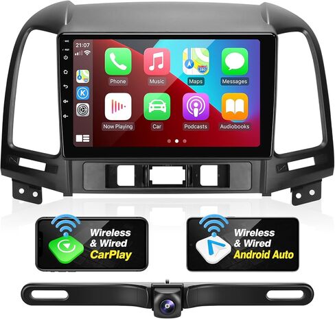 ترقية راديو Android لشاشة اللمس Santa Fe 2007-2012 المتوافقة مع Carplay اللاسلكي Android Auto، ستيريو السيارة بلوتوث والملاحة مشغل الوسائط المتعددة GPS WIFI FM AM وحدة رأس الكاميرا الاحتياطية in Saudi Arabia