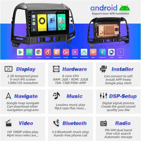 ترقية راديو Android لشاشة اللمس Santa Fe 2007-2012 المتوافقة مع Carplay اللاسلكي Android Auto، ستيريو السيارة بلوتوث والملاحة مشغل الوسائط المتعددة GPS WIFI FM AM وحدة رأس الكاميرا الاحتياطية in Saudi Arabia