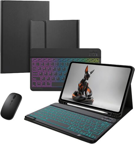 حافظة لوحة مفاتيح لجهاز iPad (A16) الجيل الحادي عشر/العاشر (2025/2022) مقاس 11 بوصة - 7 ألوان بإضاءة خلفية، حافظة لوحة مفاتيح بلوتوث لاسلكية قابلة للفصل رفيعة وخفيفة مع حامل قلم رصاص مدمج مع ماوس. (7 C وردي) in Kuwait
