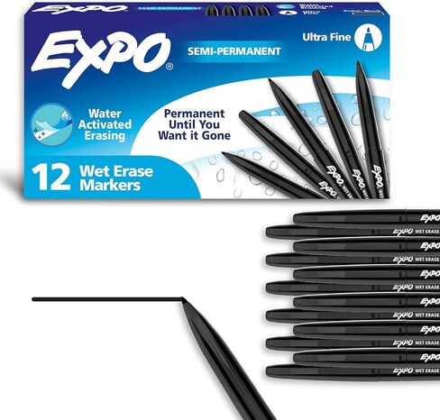 أقلام التحديد للمسح الرطب من EXPO، شبه دائمة، سوداء، ذات رأس رفيع، 12 قطعة - للكتابة على الزجاج، واللوحات البيضاء، والمرايا، والتقويم، ووضع العلامات، والتنظيم in Saudi Arabia
