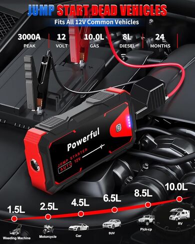 Jump Starter 3000A Car Jumper Starter Battery Pack المحمولة 12V Jump Box شاحن بطارية معزز لما يصل إلى 10L الغاز أو 8L محركات الديزل مع بنك الطاقة كابل القفز نوع C USB LED ضوء in Saudi Arabia