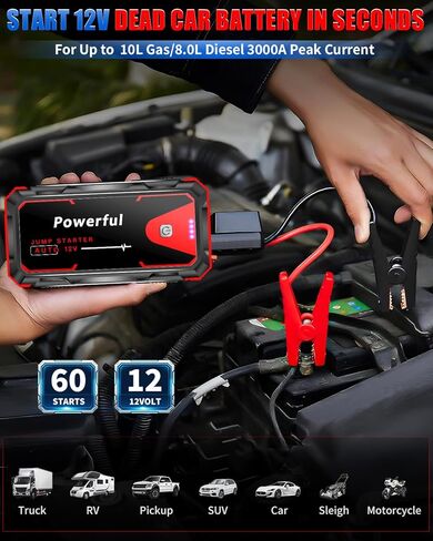 Jump Starter 3000A Car Jumper Starter Battery Pack المحمولة 12V Jump Box شاحن بطارية معزز لما يصل إلى 10L الغاز أو 8L محركات الديزل مع بنك الطاقة كابل القفز نوع C USB LED ضوء in Saudi Arabia