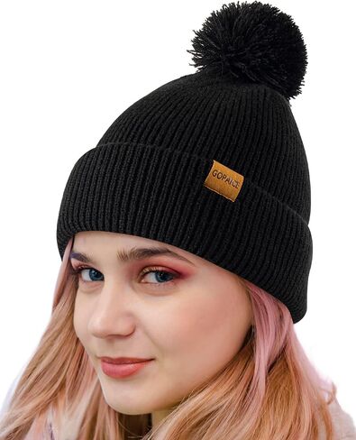 Womens Winter Knitted Beanie Hat, Knitted Soft Ski Cuff Cap with Pom Pom Warm Fleece Lined Hat in Saudi Arabia