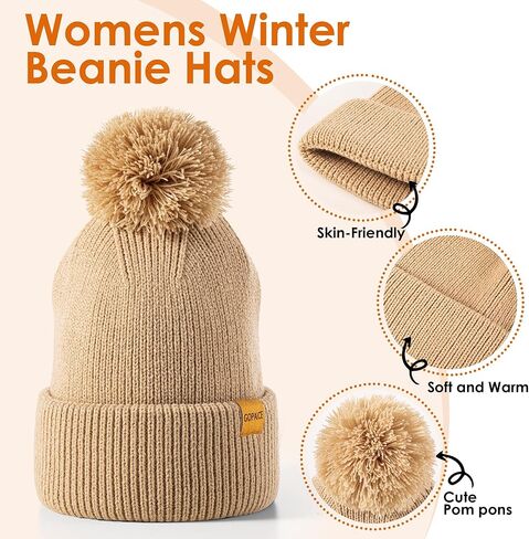 Womens Winter Knitted Beanie Hat, Knitted Soft Ski Cuff Cap with Pom Pom Warm Fleece Lined Hat in Saudi Arabia