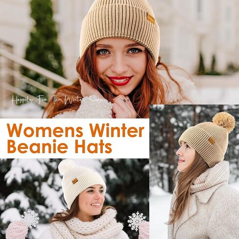 Womens Winter Knitted Beanie Hat, Knitted Soft Ski Cuff Cap with Pom Pom Warm Fleece Lined Hat in Saudi Arabia