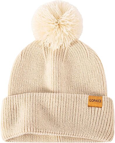 Womens Winter Knitted Beanie Hat, Knitted Soft Ski Cuff Cap with Pom Pom Warm Fleece Lined Hat in Saudi Arabia