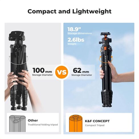 حامل ثلاثي من الألومنيوم للسفر من K&F CONCEPT مقاس 63 بوصة للكاميرا مع حامل الهاتف، حامل هاتف معدني مغناطيسي مع حامل حذاء بارد، in Kuwait