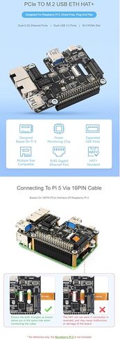 PCIe to USB 3.2 Gen1 / 2.5G ETH/M.2 NVMe Adapter HAT+ for Raspberry Pi 5 Supports NVMe Protocol M.2 Solid State Drive, Expands 2-ch USB 3.2 Ports and 2-ch Ethernet Ports @XYGStudy in Saudi Arabia