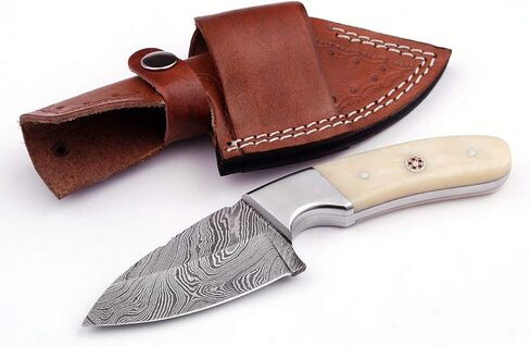 DH76 Custom Made Full Tang Skinner Fixed Blade Small 8" Skinning Knife with Sheath Damascus Steel Pattern Welded DH76 in Saudi Arabia