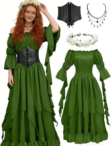 kasahara Renaissance Medieval Costume Dress for Women with Flower Crown Corset Renaissance Fairy Outfit for Women 4pcs in Saudi Arabia