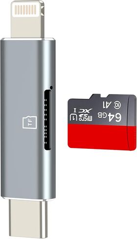 قارئ بطاقات Micro SD USB C Lightning إلى TF محول لهاتف Iphone 17 16 15 14 Pro (2in1) ملحقات عصا ذاكرة الكاميرا الرقمية، فتحة دونجل، كابل كاميرا فلاش للسيارة، محول صور للهاتف المحمول in Kuwait