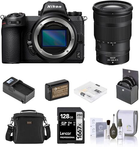 كاميرا Nikon Z 7II بدون مرآة مع عدسة NIKKOR Z مقاس 24-120 مم f/4 S، حزمة مع بطاقة ذاكرة سعة 128 جيجابايت، وحقيبة كتف، وبطارية إضافية، وشاحن، ومجموعة فلتر 77 مم، وواقي شاشة، ومجموعة تنظيف in Saudi Arabia