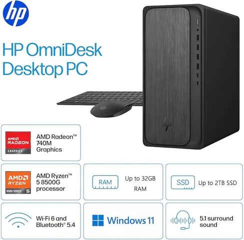 الكمبيوتر المكتبي HP OmniDesk | AMD Ryzen 5 8500G(حتى 5 جيجا هرتز)| ذاكرة وصول عشوائي DDR5 بسعة 32 جيجابايت|محرك أقراص SSD بسعة 1 تيرابايت| رسومات ايه ام دي راديون | واي فاي 6| آر جيه-45| مساعد الطيار منظمة العفو الدولية| فوز 11| لرجال الأعمال والطلاب| لو in Kuwait