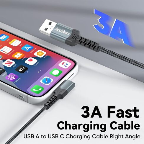 كابل USB C بطول 15 قدم زاوية يمنى، شحن سريع 3 أمبير طويل USB من النوع C 2.0 لنقل البيانات سلك 90 درجة مضفر للتبديل، سطح البخار، MacBook Pro/Air، الكمبيوتر اللوحي، iPhone 17/16/15، هاتف Andriod، كاميرا الأمان in Kuwait