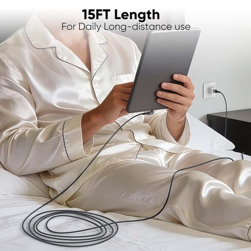 كابل USB C بطول 15 قدم زاوية يمنى، شحن سريع 3 أمبير طويل USB من النوع C 2.0 لنقل البيانات سلك 90 درجة مضفر للتبديل، سطح البخار، MacBook Pro/Air، الكمبيوتر اللوحي، iPhone 17/16/15، هاتف Andriod، كاميرا الأمان in Kuwait