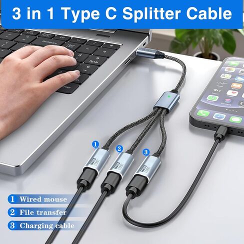 كابل مقسم Duttek متعدد USB C، مقسم USB C 1 في 3 مخرج، كابل مجدول من النايلون من النوع C ذكر إلى 3 أنثى يدعم الشحن ونقل البيانات بسرعة 480 ميجابت في الثانية لأجهزة الكمبيوتر المحمول والكمبيوتر الشخصي والأجهزة اللوحية ولوحات المفاتيح. 9.84 بوصة in Kuwait