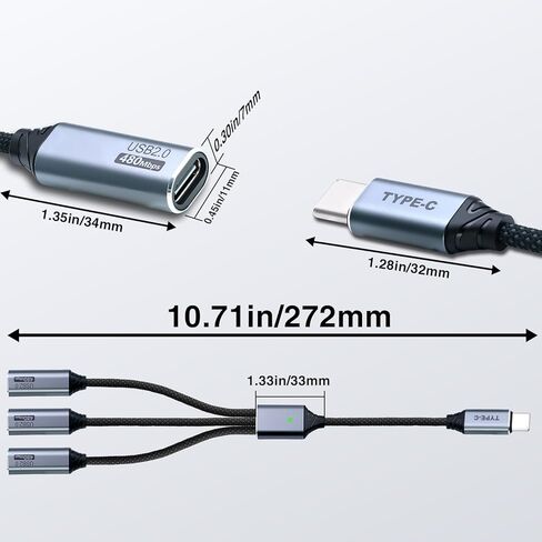 كابل مقسم Duttek متعدد USB C، مقسم USB C 1 في 3 مخرج، كابل مجدول من النايلون من النوع C ذكر إلى 3 أنثى يدعم الشحن ونقل البيانات بسرعة 480 ميجابت في الثانية لأجهزة الكمبيوتر المحمول والكمبيوتر الشخصي والأجهزة اللوحية ولوحات المفاتيح. 9.84 بوصة in Kuwait