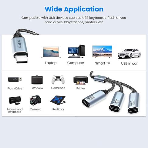 كابل مقسم Duttek متعدد USB C، مقسم USB C 1 في 3 مخرج، كابل مجدول من النايلون من النوع C ذكر إلى 3 أنثى يدعم الشحن ونقل البيانات بسرعة 480 ميجابت في الثانية لأجهزة الكمبيوتر المحمول والكمبيوتر الشخصي والأجهزة اللوحية ولوحات المفاتيح. 9.84 بوصة in Kuwait