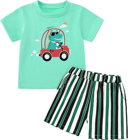 Toddler Baby Boy Summer Outfits Crew Neck T-shirt+Striped Shorts Set with Pockets Casual 2 Piece Clothes 1-6 Years in Saudi Arabia