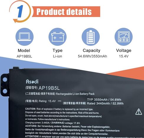 بطارية كمبيوتر محمول ASODI AP19B5L 54.6Wh متوافقة مع Acer Aspire 5 A515-43 A515-52 Vero AV15-51 Swift 3 SF314-42 SP314-21N-R5FR TravelMate P2 TMP214-41 Enduro Urban N3 EUN314-51 15.4V 3550mah in Saudi Arabia