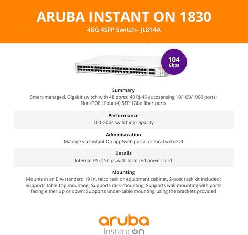 Aruba Instant On 1830 48-Port Gb Smart Switch - 48x 1G | 4X سفب | سلك الولايات المتحدة (JL814A#ABA) (متجدد) in Kuwait