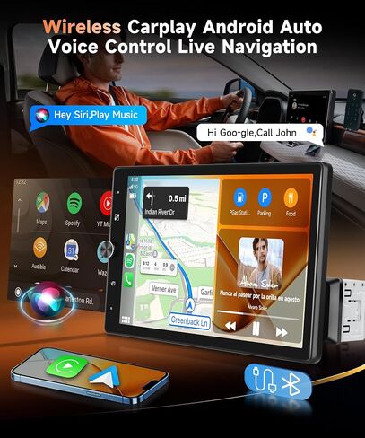 MAHVEC 10.4 بوصة ستيريو سيارة أحادي الدين مع CarPlay Android Auto، راديو HD يعمل باللمس مع بلوتوث، USB، وصلة مرآة، SWC، تشغيل السيارة، راديو FM/RDS، كاميرا احتياطية in Kuwait