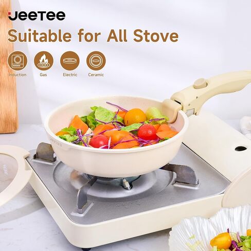 طقم أواني ومقالي JEETEE 25 قطعة غير لاصقة، مجموعة أواني طهي بمقبض قابل للفصل، أواني الطبخ التعريفي والتخييم RV، مجموعة أواني طهي صحية خالية من PFAS/PFOA، بيج in Kuwait