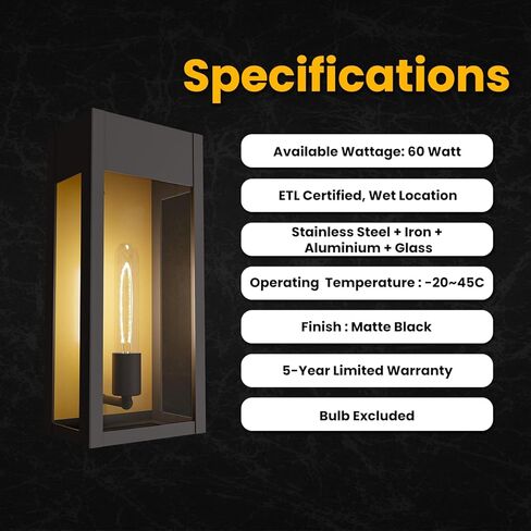LEDMyplace Outdoor Sconce Light - 60W Dimmable Black Outdoor Wall Sconce with Clear Glass Panels - E26 Socket, 680 Lumens, High CRI, IP65, ETL Listed, Modern Exterior Light Fixture (18" H x 7.5" W) in Saudi Arabia
