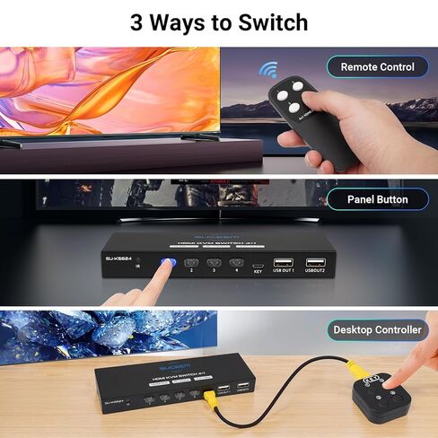 KVM Switch HDMI 4K@60Hz for 4 Computers 1 Monitor, KVM Switches 4 Port PC Share Monitor USB 2.0 Keyboard Mouse, KVM Switch 4 Computers Remote Control 2 AAA Batteries and 4 KVM Cables Included in Saudi Arabia