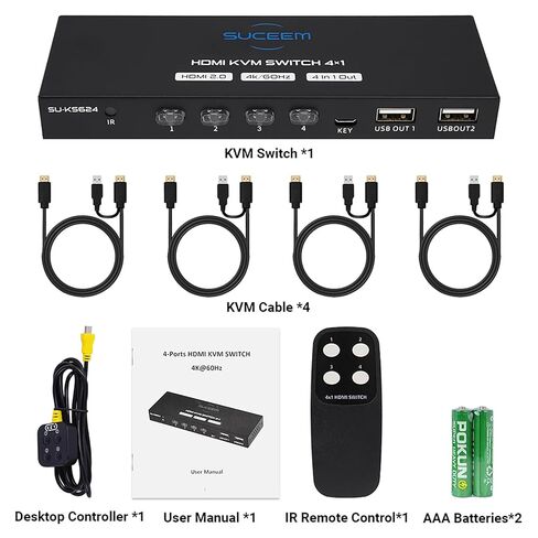 KVM Switch HDMI 4K@60Hz for 4 Computers 1 Monitor, KVM Switches 4 Port PC Share Monitor USB 2.0 Keyboard Mouse, KVM Switch 4 Computers Remote Control 2 AAA Batteries and 4 KVM Cables Included in Saudi Arabia