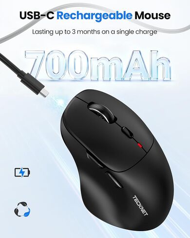 TECKNET ماوس لاسلكي بلوتوث 5.0/3.0 و2.4 جيجا قابل لإعادة الشحن، نقرات صامتة، قابل للتعديل 4800 نقطة في البوصة، 6 أزرار، تصميم مريح، ماوس بلوتوث للكمبيوتر المحمول والكمبيوتر والآيباد in Kuwait