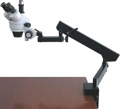 AmScope SM-6T Trinocular Stereo Zoom Microscope, WH10x Eyepieces, 7X-45X Magnification, 0.7X-4.5X Zoom Objective, Ambient Lighting, Clamping Articulating Arm Stand in Saudi Arabia