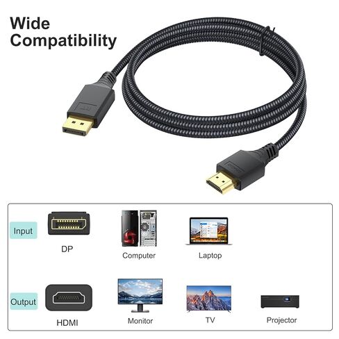 منفذ العرض إلى كابل HDMI بطول 6 أقدام، منفذ DispalyPort DP إلى HDMI 1080P@60 هرتز [أحادي الاتجاه] سلك مضفر ذكر إلى ذكر لشاشة عرض HDTV in Saudi Arabia