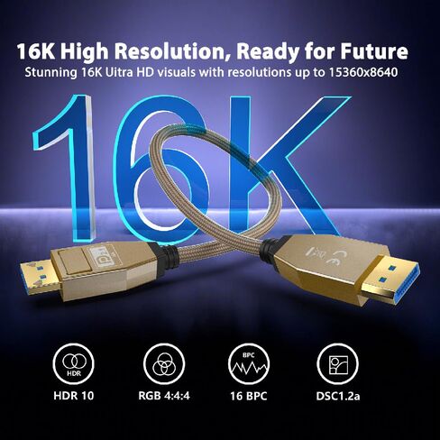 كابل DisplayPort 2ft ثلاثي الأبعاد 80 جيجابت في الثانية 16K@60 هرتز، سلك مضفر ذكر DP 2.1 للتلفزيون عالي الدقة وبطاقة الرسومات والكمبيوتر المحمول وجهاز العرض، متوافق مع شاشة ألعاب FreeSync G-Sync، يدعم 16K@30 هرتز 8K@240 هرتز 4K@240 هرتز in Kuwait