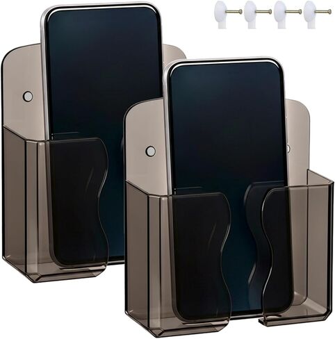 2 Pcs Wall Mount Phone Holder, Phone Stand with Self Adhesive, Clear Smartphone Stands with Charging Hole, Bedside Organizer Remote Control Stand for Home Bedroom Bathroom Office in Saudi Arabia