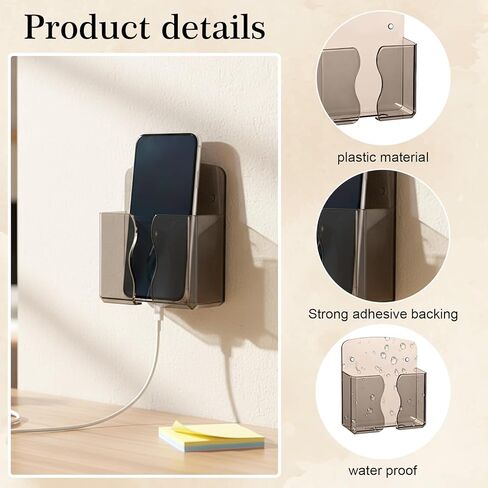 2 Pcs Wall Mount Phone Holder, Phone Stand with Self Adhesive, Clear Smartphone Stands with Charging Hole, Bedside Organizer Remote Control Stand for Home Bedroom Bathroom Office in Saudi Arabia