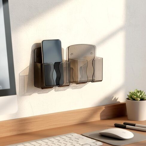 2 Pcs Wall Mount Phone Holder, Phone Stand with Self Adhesive, Clear Smartphone Stands with Charging Hole, Bedside Organizer Remote Control Stand for Home Bedroom Bathroom Office in Saudi Arabia
