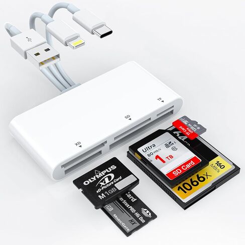 قارئ بطاقات الذاكرة 5 في 1 مع موصل ثلاثي - محول USB C/Lightning/USB-A إلى SD/TF/MS/XD/CF، نقل فيديو عالي السرعة من الكاميرا إلى iPhone، iPad، Android، Mac، الكمبيوتر الشخصي للمحترفين in Saudi Arabia
