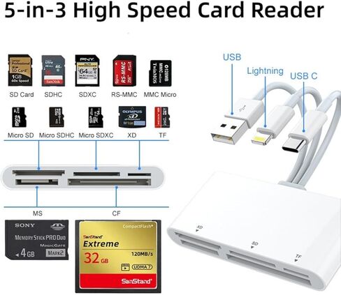 قارئ بطاقات الذاكرة 5 في 1 مع موصل ثلاثي - محول USB C/Lightning/USB-A إلى SD/TF/MS/XD/CF، نقل فيديو عالي السرعة من الكاميرا إلى iPhone، iPad، Android، Mac، الكمبيوتر الشخصي للمحترفين in Saudi Arabia