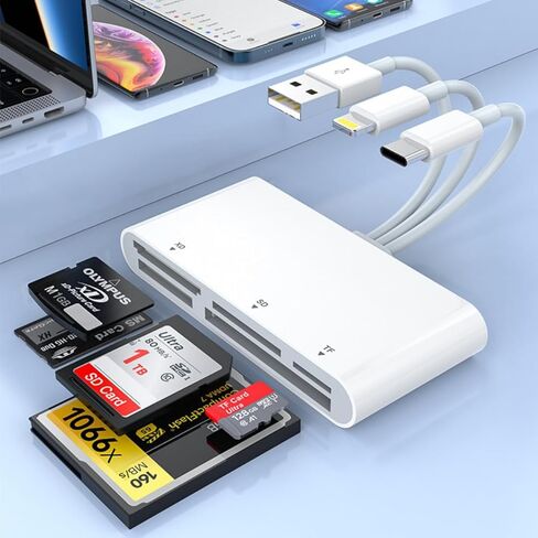 قارئ بطاقات الذاكرة 5 في 1 مع موصل ثلاثي - محول USB C/Lightning/USB-A إلى SD/TF/MS/XD/CF، نقل فيديو عالي السرعة من الكاميرا إلى iPhone، iPad، Android، Mac، الكمبيوتر الشخصي للمحترفين in Saudi Arabia