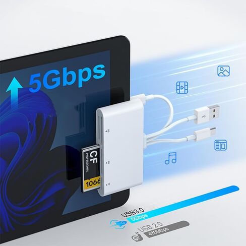قارئ بطاقات الذاكرة 5 في 1 مع موصل ثلاثي - محول USB C/Lightning/USB-A إلى SD/TF/MS/XD/CF، نقل فيديو عالي السرعة من الكاميرا إلى iPhone، iPad، Android، Mac، الكمبيوتر الشخصي للمحترفين in Saudi Arabia