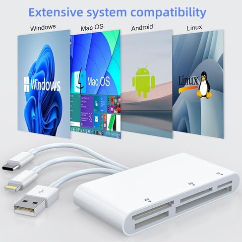 قارئ بطاقات الذاكرة 5 في 1 مع موصل ثلاثي - محول USB C/Lightning/USB-A إلى SD/TF/MS/XD/CF، نقل فيديو عالي السرعة من الكاميرا إلى iPhone، iPad، Android، Mac، الكمبيوتر الشخصي للمحترفين in Saudi Arabia