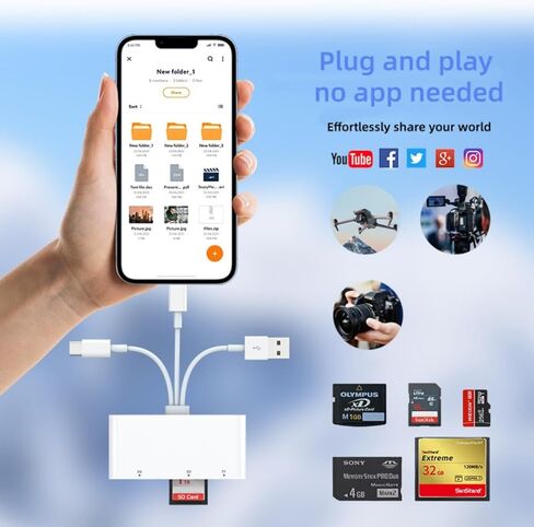 قارئ بطاقات الذاكرة 5 في 1 مع موصل ثلاثي - محول USB C/Lightning/USB-A إلى SD/TF/MS/XD/CF، نقل فيديو عالي السرعة من الكاميرا إلى iPhone، iPad، Android، Mac، الكمبيوتر الشخصي للمحترفين in Saudi Arabia