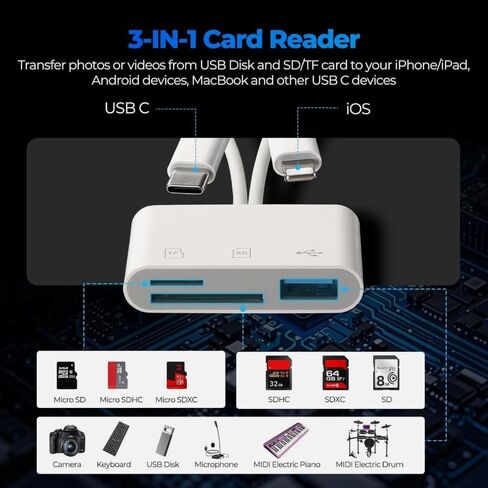 قارئ بطاقات SD مزدوج Lightning وUSB-C، محول 3 في 1 SD/TF/USB-A لأجهزة iPhone وiPad وAndroid - نقل الصور/الفيديو عالي السرعة، التوصيل والتشغيل، لا يتطلب تطبيقًا in Kuwait