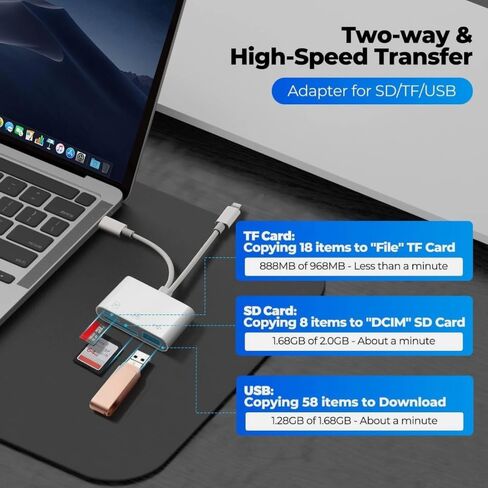 قارئ بطاقات SD مزدوج Lightning وUSB-C، محول 3 في 1 SD/TF/USB-A لأجهزة iPhone وiPad وAndroid - نقل الصور/الفيديو عالي السرعة، التوصيل والتشغيل، لا يتطلب تطبيقًا in Kuwait