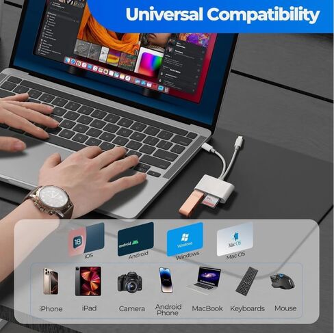قارئ بطاقات SD مزدوج Lightning وUSB-C، محول 3 في 1 SD/TF/USB-A لأجهزة iPhone وiPad وAndroid - نقل الصور/الفيديو عالي السرعة، التوصيل والتشغيل، لا يتطلب تطبيقًا in Kuwait