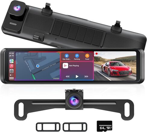 4K Rear View Mirror Camera with Carplay & Android Auto: 11.26" Smart Touch Screen Mirror Dash Cam Front and Rear with Voice Control, Parking Monitor, Reverse Assist for Car Truck SUV Van (64GB Card) in Kuwait