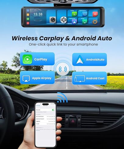 4K Rear View Mirror Camera with Carplay & Android Auto: 11.26" Smart Touch Screen Mirror Dash Cam Front and Rear with Voice Control, Parking Monitor, Reverse Assist for Car Truck SUV Van (64GB Card) in Kuwait