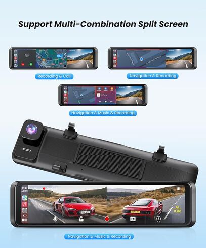 4K Rear View Mirror Camera with Carplay & Android Auto: 11.26" Smart Touch Screen Mirror Dash Cam Front and Rear with Voice Control, Parking Monitor, Reverse Assist for Car Truck SUV Van (64GB Card) in Kuwait